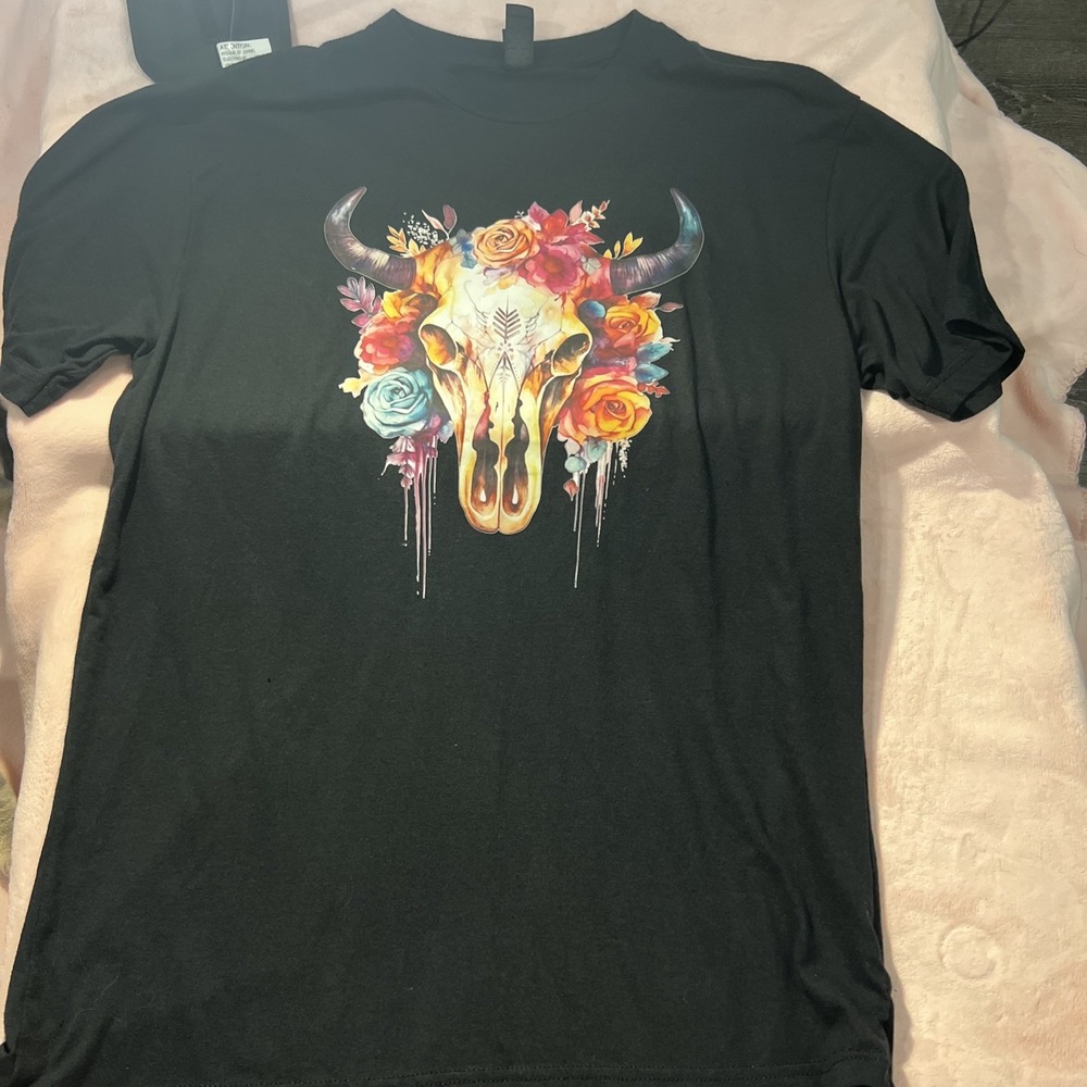 Cow Skulls‎ with Horns Natural Bone Shirt Western Tshirt Large Bright Colors192